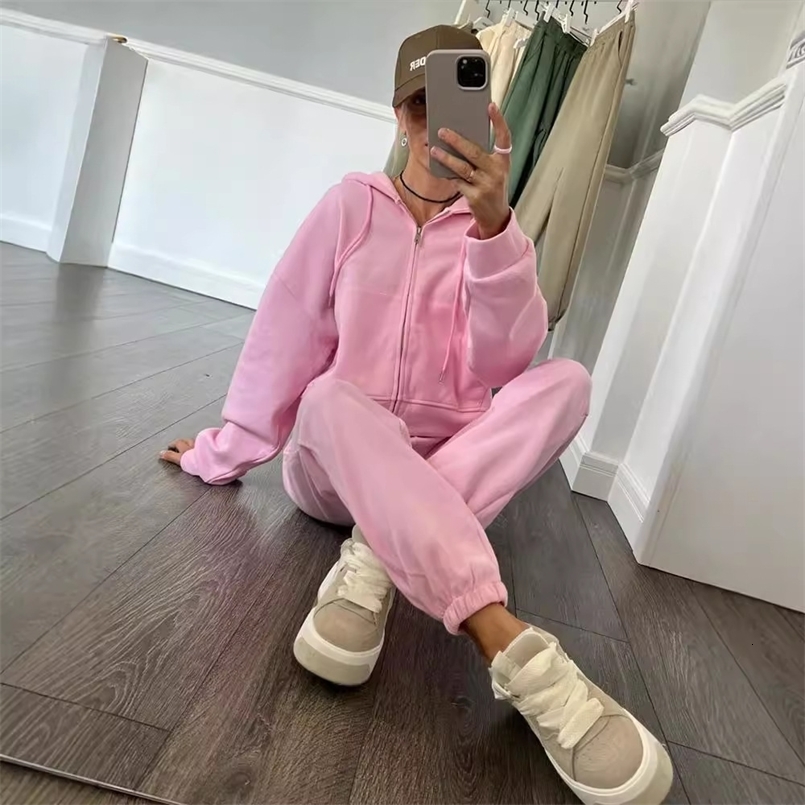 Women Suit Solid Color Long-sleeved Zipper Hoodie 2piece Set Autumn Winter Casual Loose Elastic Tie Sports Trousers Suit Female 260916