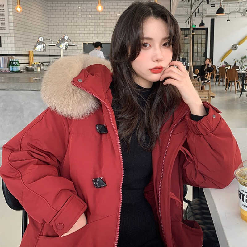 Down Cotton Jacket Autumn Casual Winter 2026 Korean Version Large Fur Collar Hooded Warm Parkas Loose Over The Knee Cotton Coat H260917