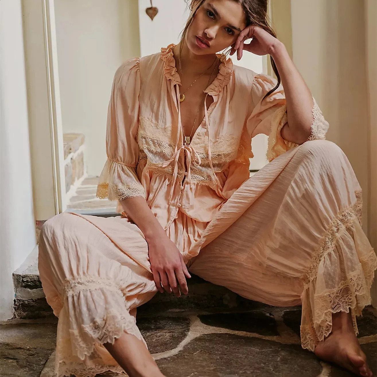 Women Y2k Vintage Lace Lantern Pants Sets 2 Piece Lacey Babydoll Tank Top Long Bloomers Cropped Pants Suit Outfits Matching Sets 260917