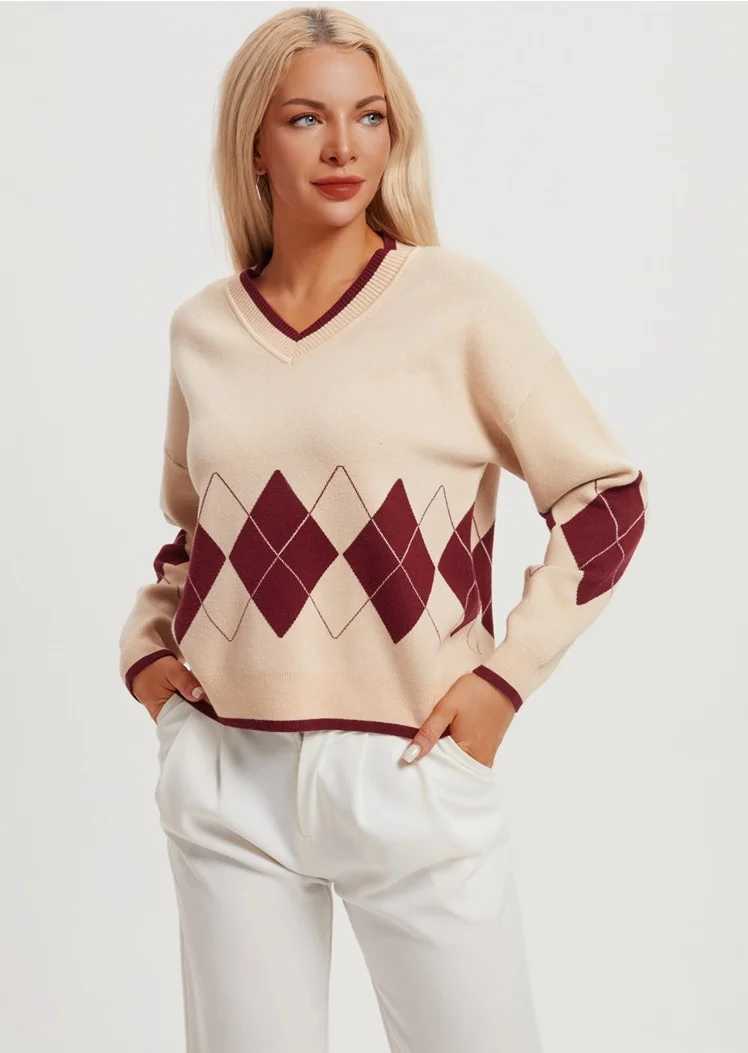 Europe and America Spring and Autumn Long Sleeve Knitwear Shirt Sweater Ladies' Design Feel Loose Rhomb V-neck S260917Q9AK
