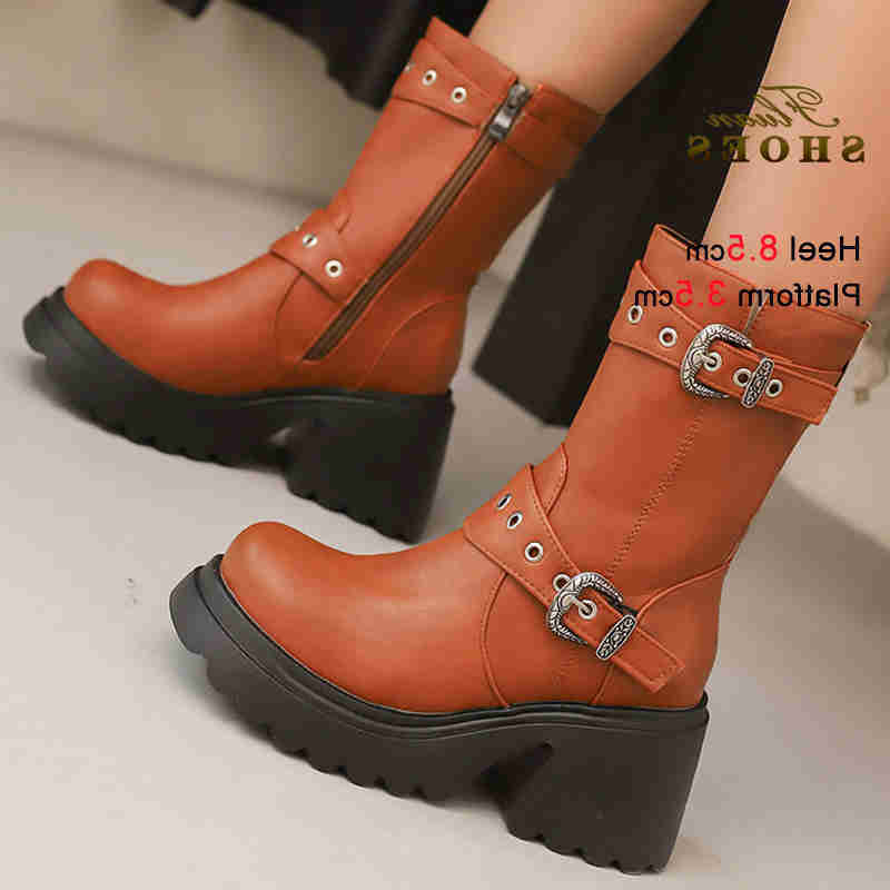 Women's Fall Winter Yellow Mid-Calf Boots Round Toe Thick Heels 8.5cm Platform 3.5cm Side Zipper Belt Sizes 35-45 D260917
