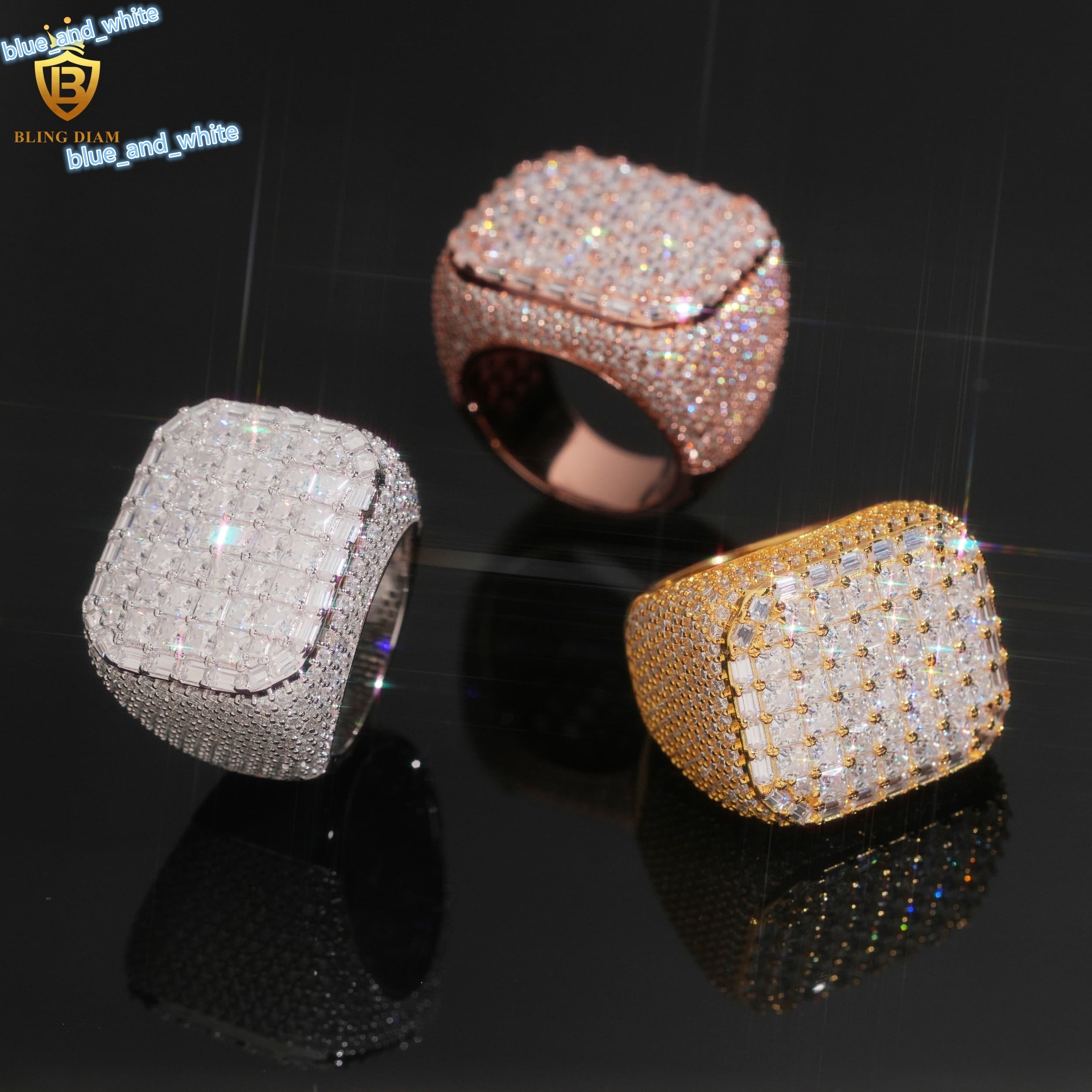 Cool Rapper Men Rings Rectangle Sharped Hip Hop Jewelry 925 Sterling Silver and Gold Ice Out Vvs Moissanite Square