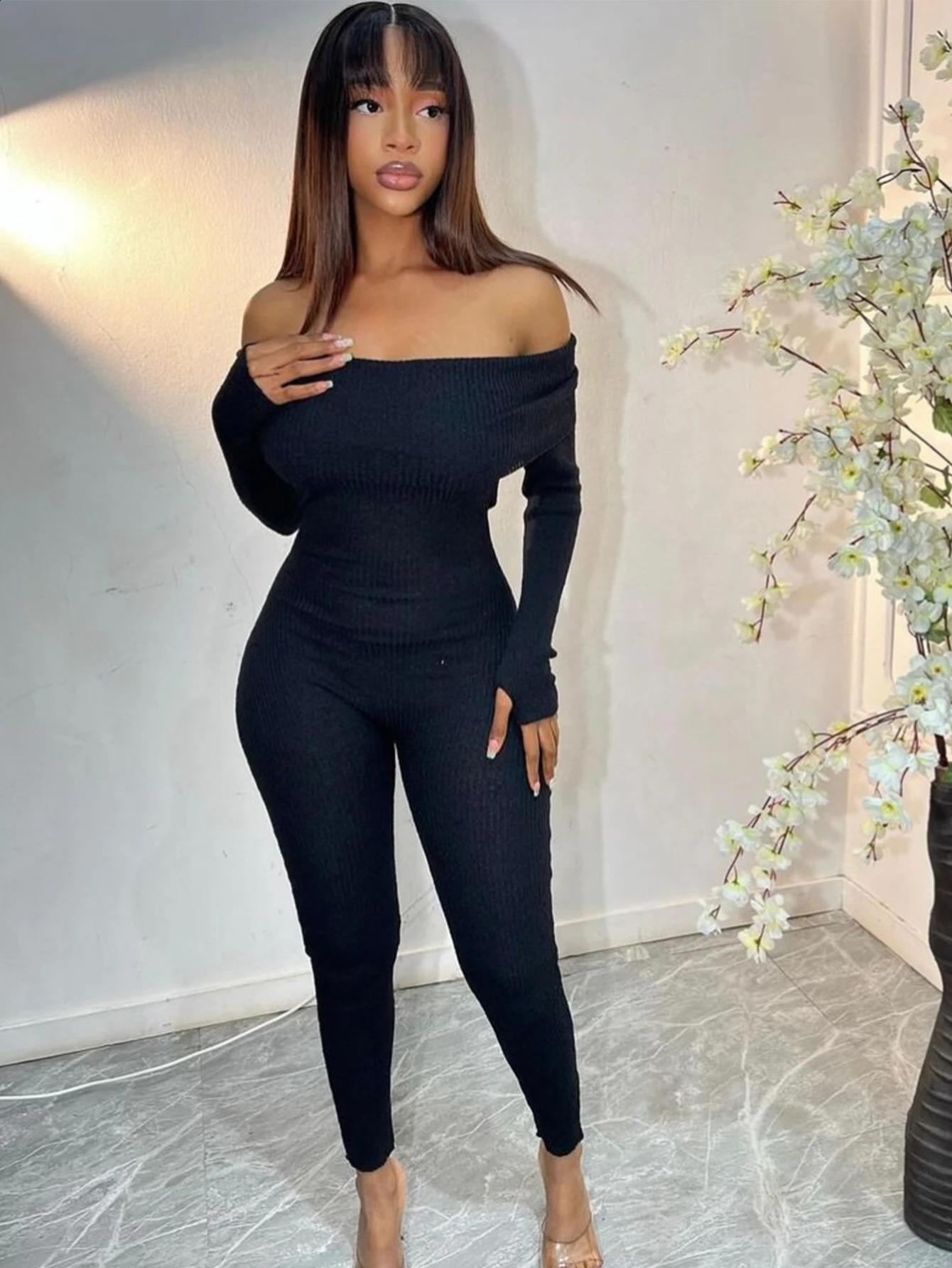 Womens OffShoulder Ribbed Knit Jumpsuit Sexy TightFitting Plain Romper Fashionable Comfortable Autumn Casual Wear 260917