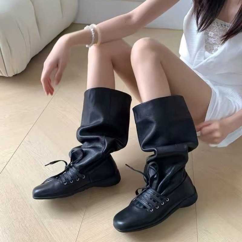 Slouch Shaft Ruched Boots High for Women 2026 New fashion Long Boots Wide Calf Western Boots D260917