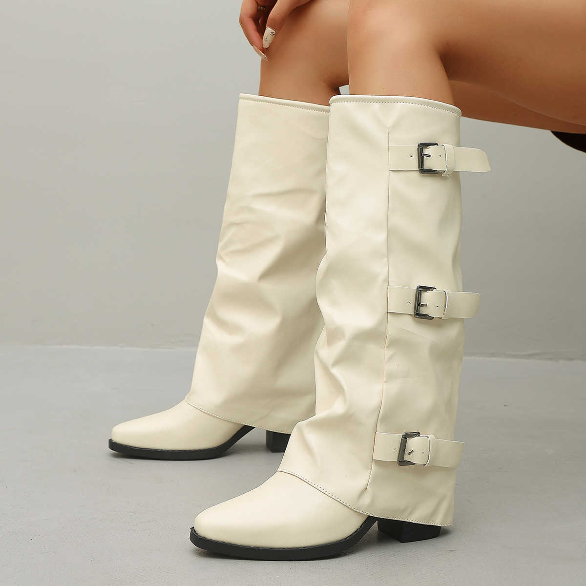 Design Strap Black Knee High Boots Women fa1 Leather SlipHigh Heels Long Boots Plus Size 43 Wide Leg Botas D260917