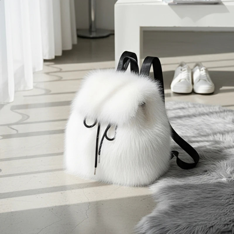 2026 Casual Faux Fur Backpack for Women Drawstring Flap Closure Large Capacity School Bag Trendy Travel 260916