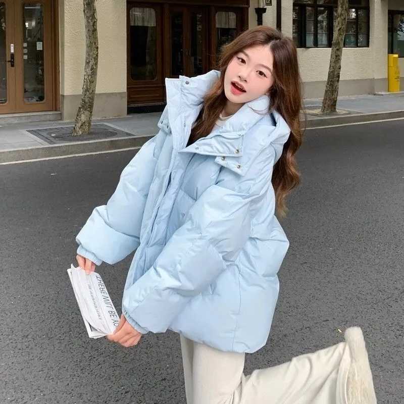 Hooded Fashionable Milk Down Blue Cotton Jacket For Women's Winter 2025 New Design Loose And Thick Warm Jacket Winter Coat Blue H260917