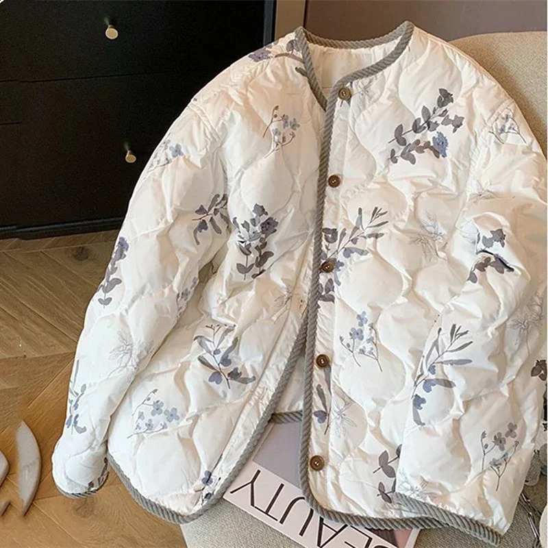 Corduroy Edging Padded Cotton Winter Coat for Women Aesthetic Y2K Floral Printed Elegant Bomber Jacket Korean Fashion Streetwear 260917