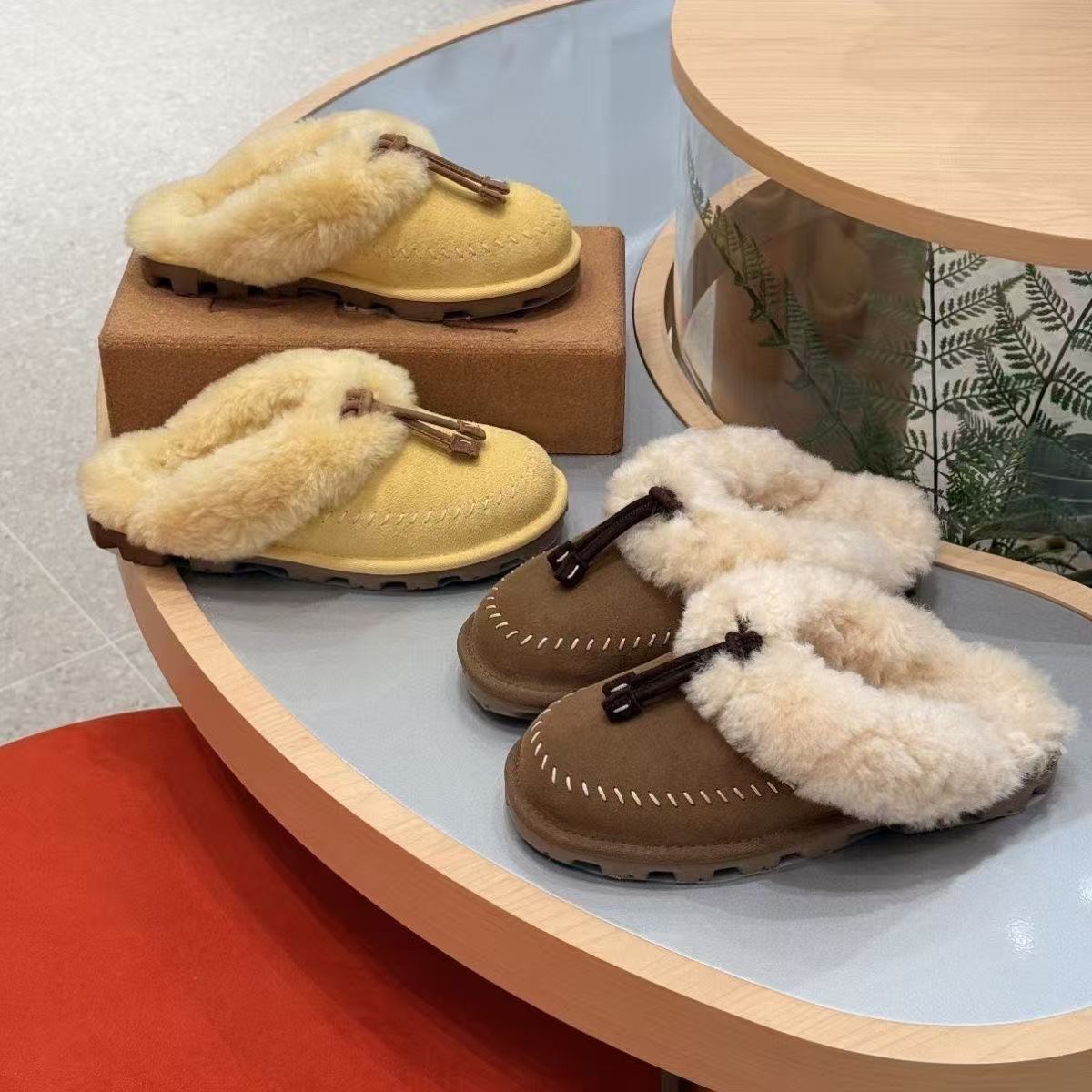Women Coquette Stitch Winter Slippers New Arrival Fuzzy Plush Fur Slip On Mule Slippers Bow Decor Indoor Outdoor House Shoes winter cotton slippers