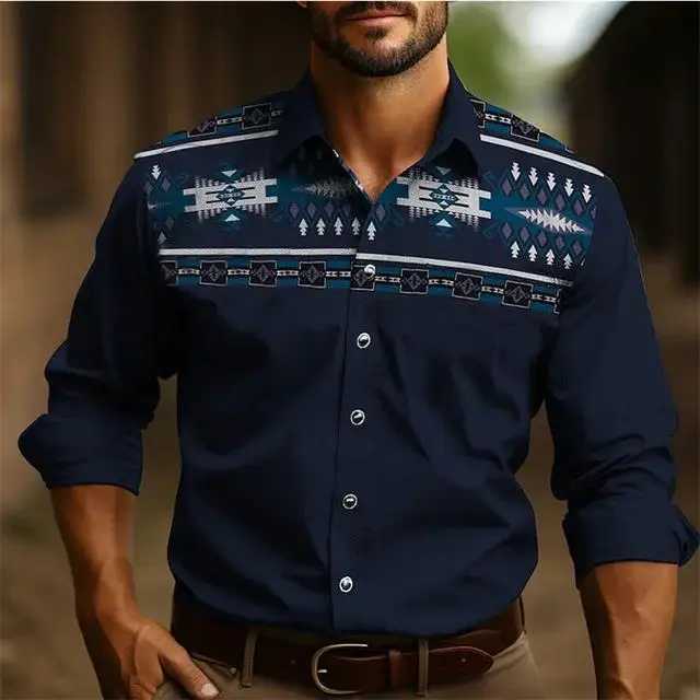 2025 Men's Retro Shirt Ethnic Wear Western Shirt Tribal Pattern Retro Black Gray Soft Comfortable Long Sve Clothing New Style Q260917