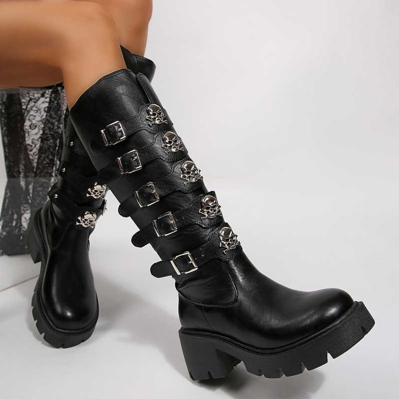 Punk 43 Winter Big Size Style Plus Motorcycle Boot Metal Decoration Knight Boots Belt Thick Sole Mid Heel Long Tube Boots D260917