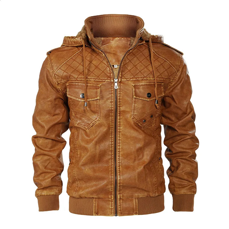 Men's Hooded PU Leather Coat Thick Warm Windproof Motorcycle Business Punk Sports High Quality Autumn Winter 260916