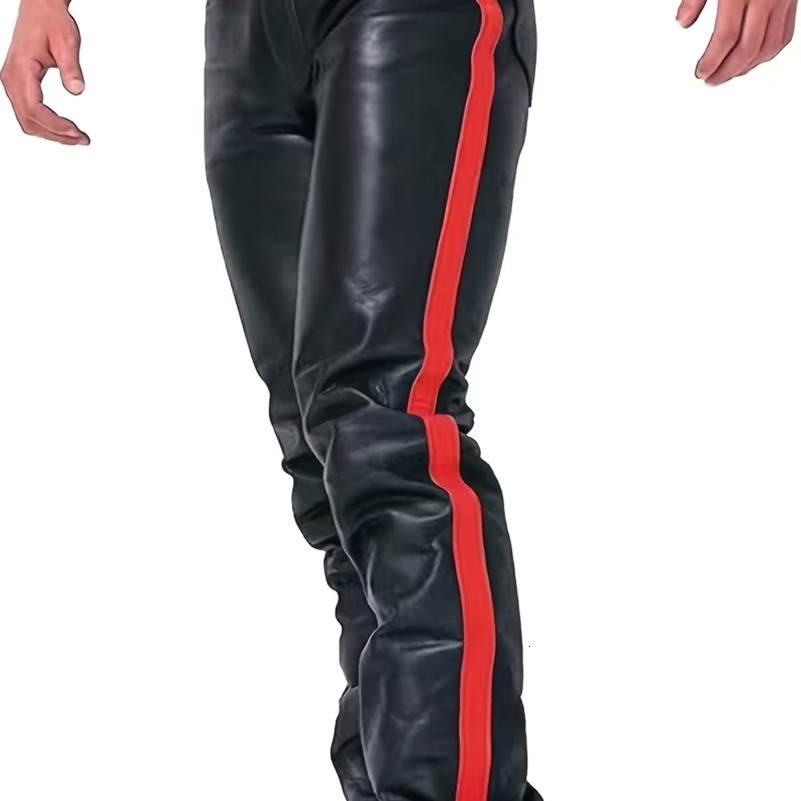 Men's Full-Length Motorcycle Biker Pants - Stretchy PU Leather with Color-Block Patchwork Cone-Shaped Slim Fit for Winter/Aut 260916ww