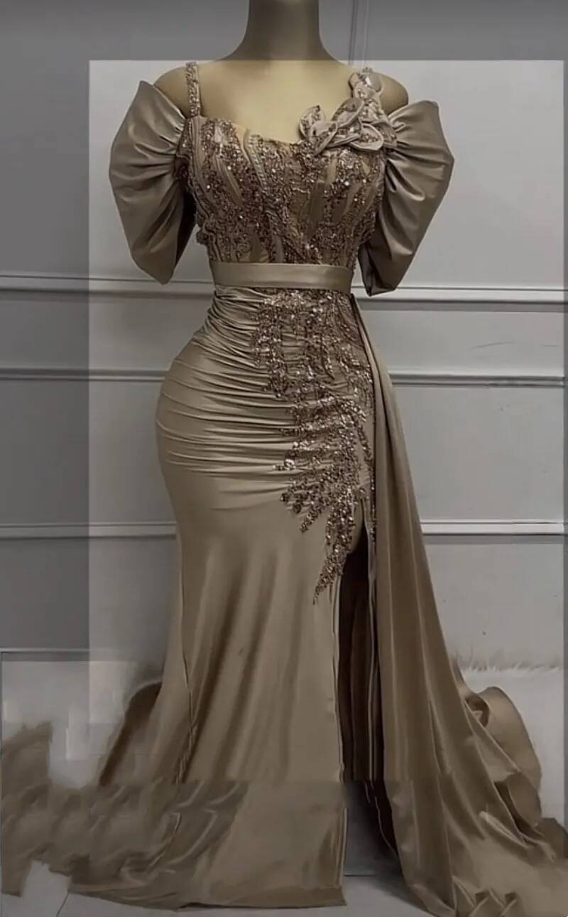 Brown Mermaid Evening Dresses Side Slit Off Shoulder Formal Party Gown Lace Appliques Satin Elegant Prom Dress For Women Mb916