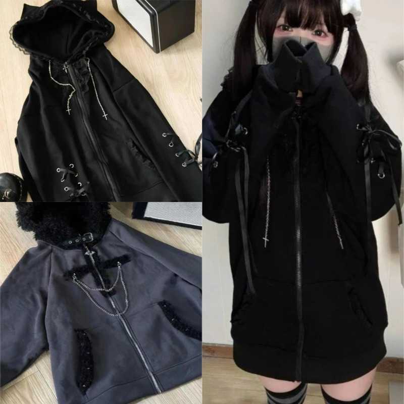 Cat Aesthetic Women Ears Y2K Hooded Sweatshirt Japanese Fashion Grunge Bandage Zipper Hoodie Kawaii Casual Streetwear Coat New H260917