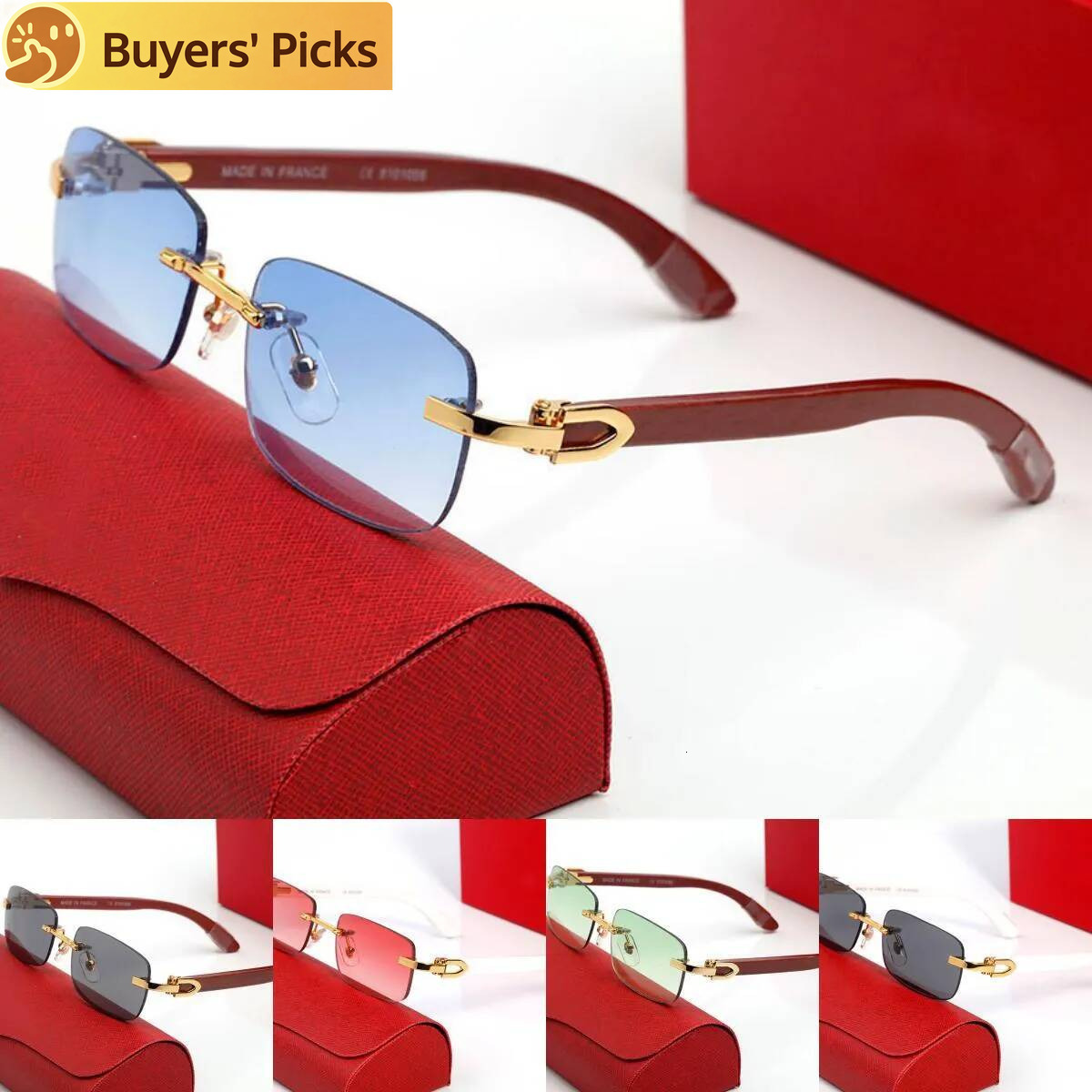 2026 Man sunglasses shaped Decorative Sunglasses Mens Women Peach Metal Brown Blue Yellow Lenses Wooden Legs Frameless Brand Optical Frames Designer