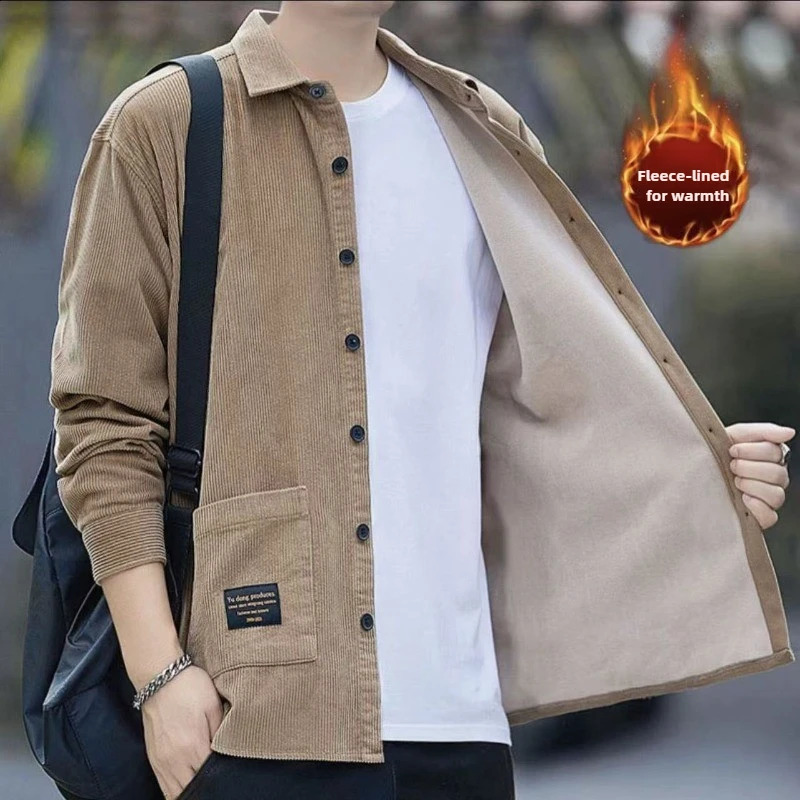 Men's Corduroy Textured Shirts Warm Daily Casual Long Sleeve Button Lapel Tops Thick Fleece Lining Thermal High Quality Coat 260917