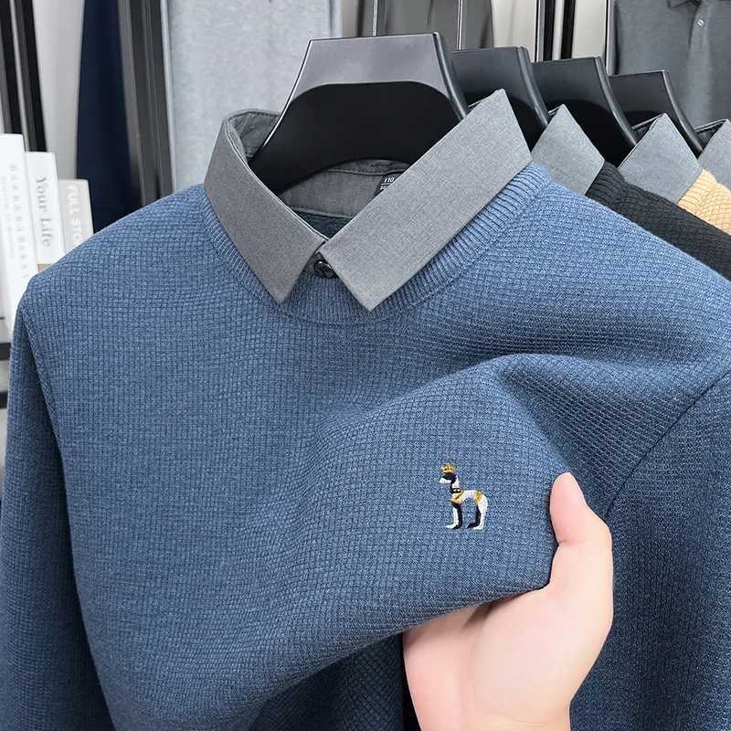 Long Luxury Brand Men's Winter Sleeves Knit Sweater Lapel Embroidery Puppy Fleece-Lined Pullover Leisure Business Men's Clothing J260916