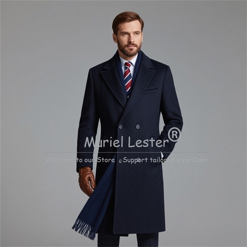 Winter Men's Trench Coat Long Navy Herringbone Wool Blend Double Breasted Suit Jackets Groom Overcoat Man Blazer Outfits 2026 260916