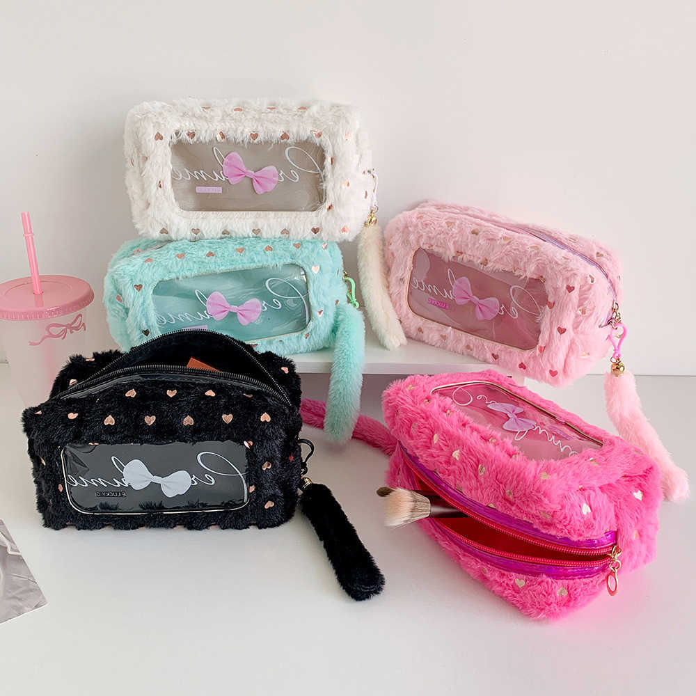 Korean 2KY Fashion Plush Love Makeup Bag Cute Girls Bow Handbag Travel Storage Toiletry Bag Student Large Capacity Pencil CaseT260917