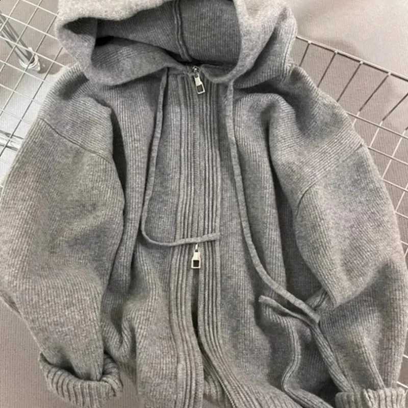 Sweater Gray Coat Hooded Autumn Winter Double Zipper Long Sleeve Loose Fashion Korean Soft Thickened Knitted Tops Coats J260916