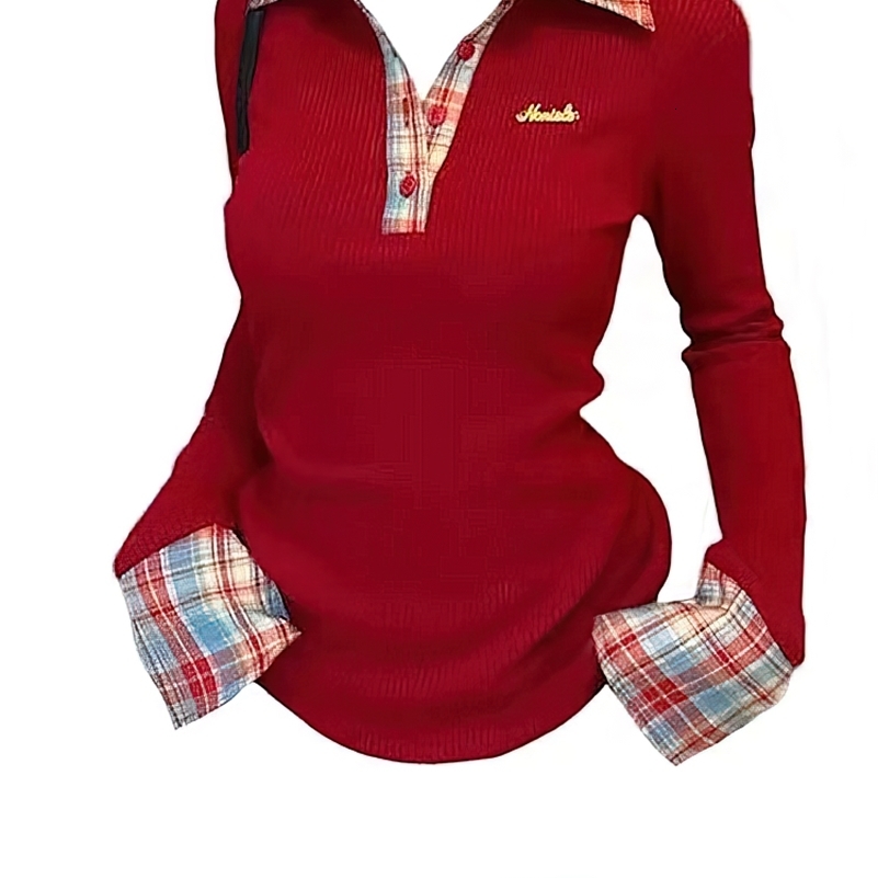 Preppy Polo Neck Plaid Long Sleeve Layered T Shirt Women Two-piece Basic Top V Neck Button Blouses Tees Embroidery 260825ww