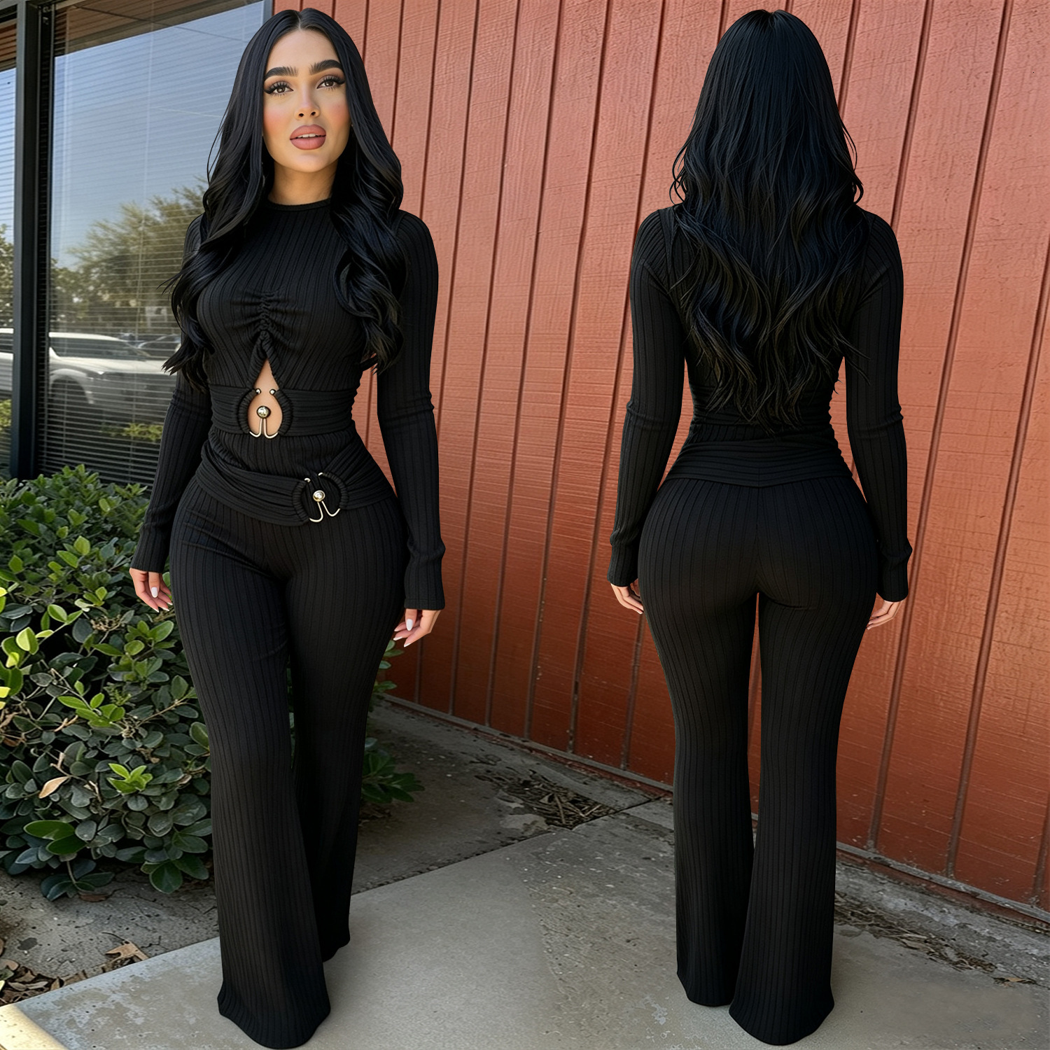 Cross - border new women's clothing: Ribbed, hollow - out, long - sleeved, high - waisted, flared, wide - leg, casual and work - appropriate ju