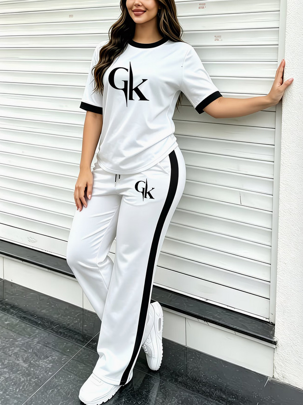 Designer Women's summer letter print color-block round-neck short-sleeve top and loose-fit long pants, a fashionable two-piece set