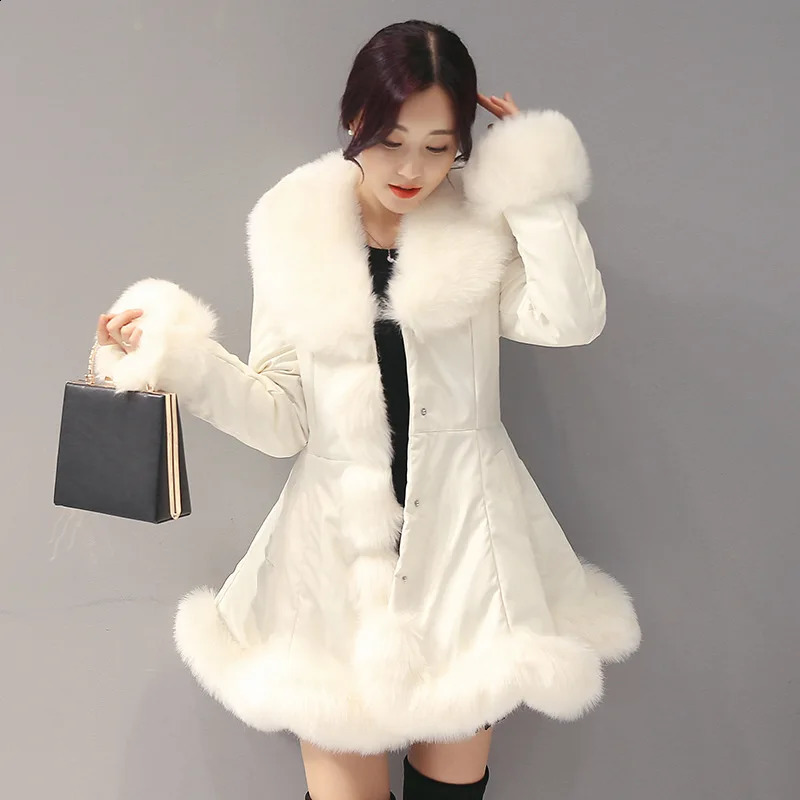 Fashion Womens Big Faux Fur Coats Collar Leather Mid Long Parkas Winter Female Warm Outwear Beige Clothes 260917