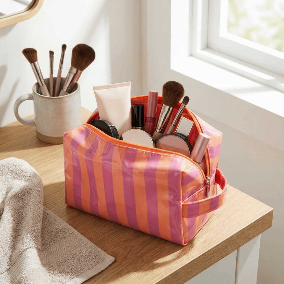 Striped Casual Waterproof Toiletry Bag Pink Simple PVC Makeup Organizer Large Capacity Portable Toiletry Storage Bag WomenT260917