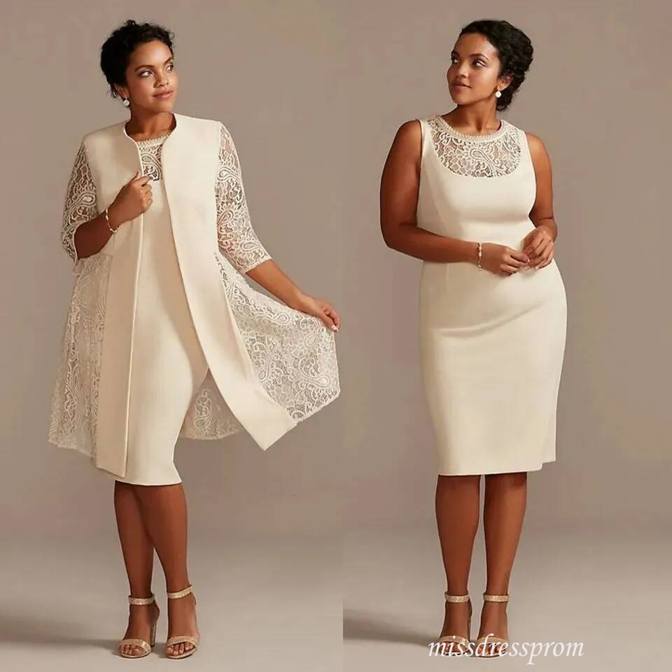 Mother's Dresses Ivory Mother Of The Bride Scoop Knee Length Plus Size Custom Zipper Up New Formal Straight Satin Lace With Jacket 3/4 Long Sle