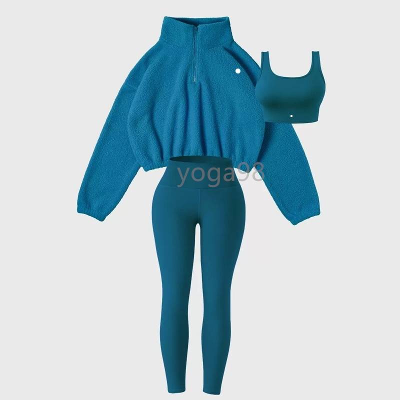 Designer yoga set breathable and high-elastic coral fleece sports suit sports bra short jacketrunning and fitness three-piece set