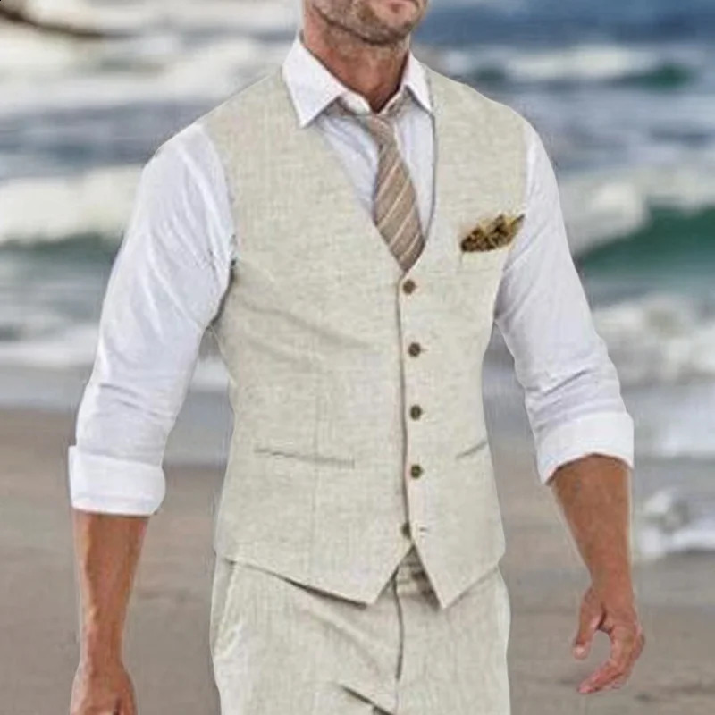 Beige Linen Suit Vest for Men Wedding Summer Beach Waistcoat V Neck Male Fashion Cost 260917