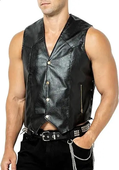 Arjen Kroos Men's Faux Leather Vest with Hidden Pockets Adjustable Laces Motorcycle Rider Vest 260917