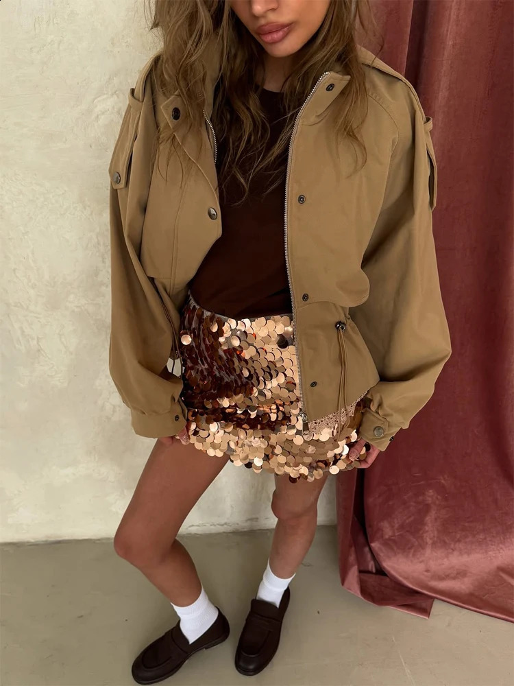 Khaki Stand Collar Epaulet Lace Back Panel Short Jackets Y2k Long Sleeve Snap Cuff Outerwear 2026 Autumn Party Street Chic Coat 260917