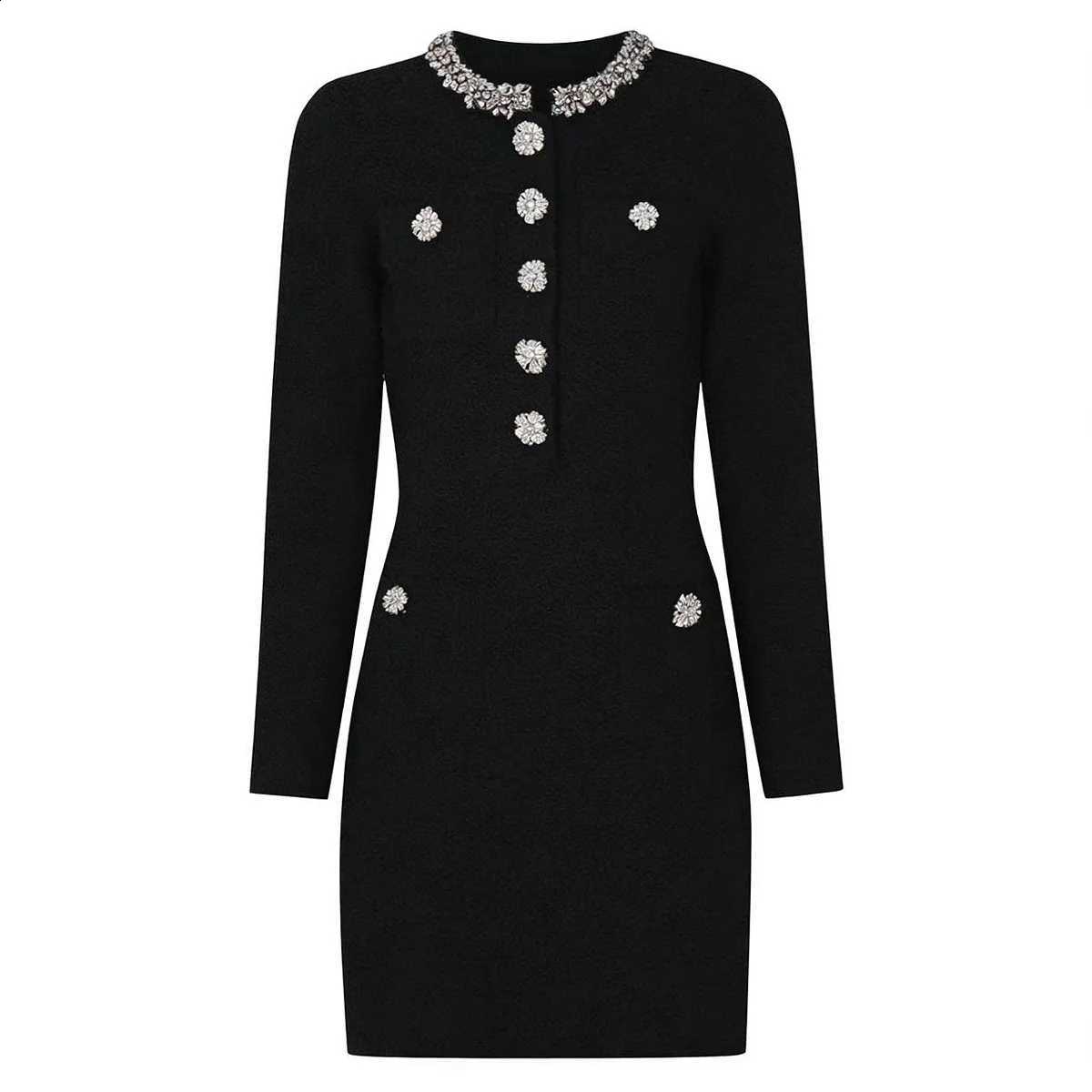 Knittted Black Short Dress O Neck Button Slim Sheath Skirt Nail Drill Elegant White Evening Gowns 2026 Spring New Woman Clothing C260917