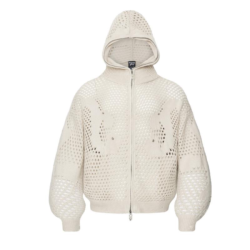 Designer Style Unisex Hooded Zip Up Knit Cardigan Sweater Openwork Hollow Out Crochet Long Sleeve Dark Streetwear Casual Fall Spring Top