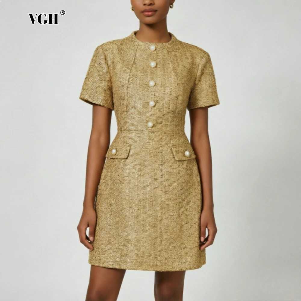 Loose VGH Gold Spliced Buttons Chic Dresses for Women O Neck Short Sleeve Vintage Gentle Dress Female Summer Fashion New Style C260917