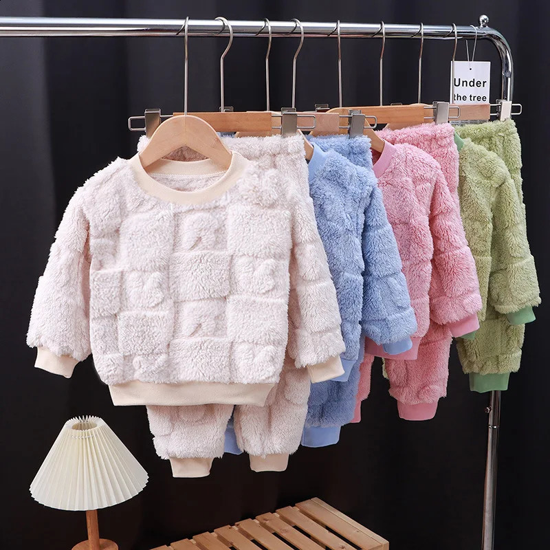 Autumn and Winter Flannel Children's Package Solid Color Boys' Plush Thickened Home Fur Girls' Warm Sleepwear Set 260916