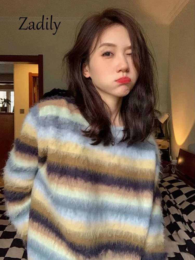 Sweater Women's Oversized Striped Soft Fuzzy Knitwear Y2K Style 2025 Autumn Winter Cozy Casual Top J260916