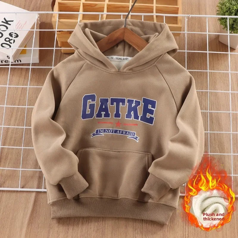 Childrens Velvet Hooded Sweater Letter Print Casual Warm Autumn Winter Kids Clothes 260916