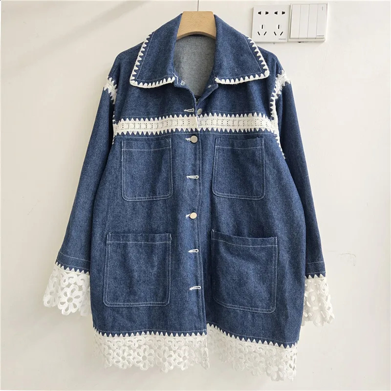 SuperAen French Style 2026 Autumn Denim Polo Collar Lace Hollow Out Color-Contrast Women's Top Casual Jackets 260917