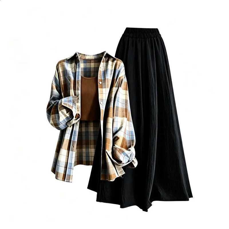 Spring Autumn Plaid Shirt Women's Sling Wide Leg Pants 1 or Three Piece Set Lady Daily Joker Blouse Vest Shorts Skirts SuitW260915