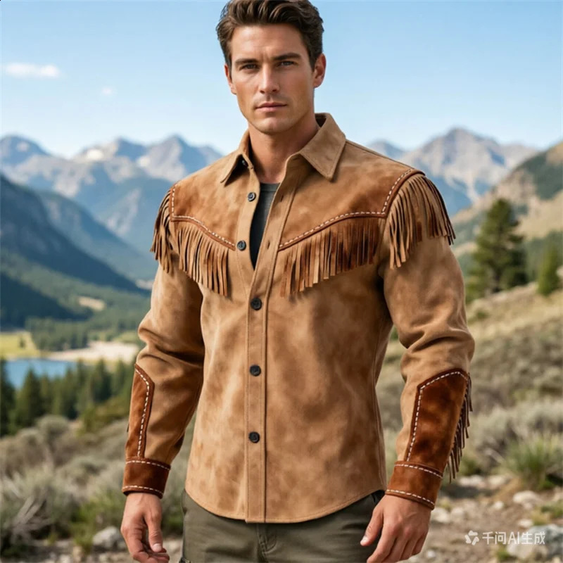 Men's Tassel Fur Jacket Western Denim Long Sleeved Motorcycle Style Fashionable Patchwork Lapel Top European Sizes 260917