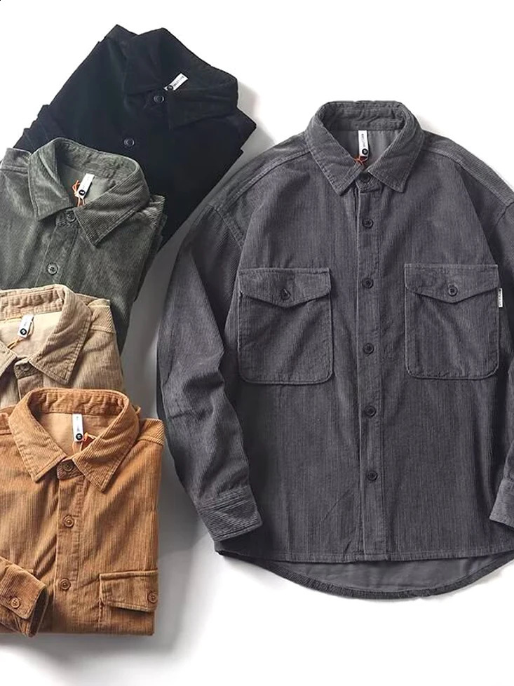 Retro European Style Men's Long Sleeve Corduroy Shirt Double Pocket American Workwear Open Cardigan Trendy Breathable Loose Fit 260917