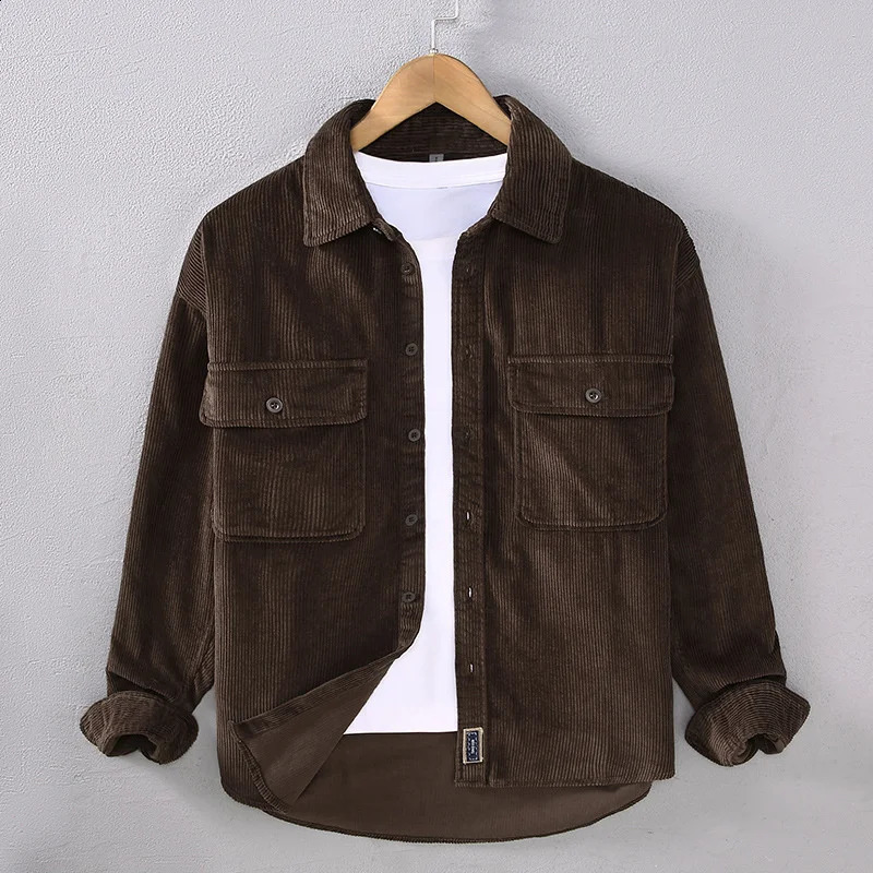 Japanese Retro Casual Loose Long Sleeve Corduroy Shirt For Men Harajuku Work Styles Double Pocket Lapel Top Male Clothing 260917