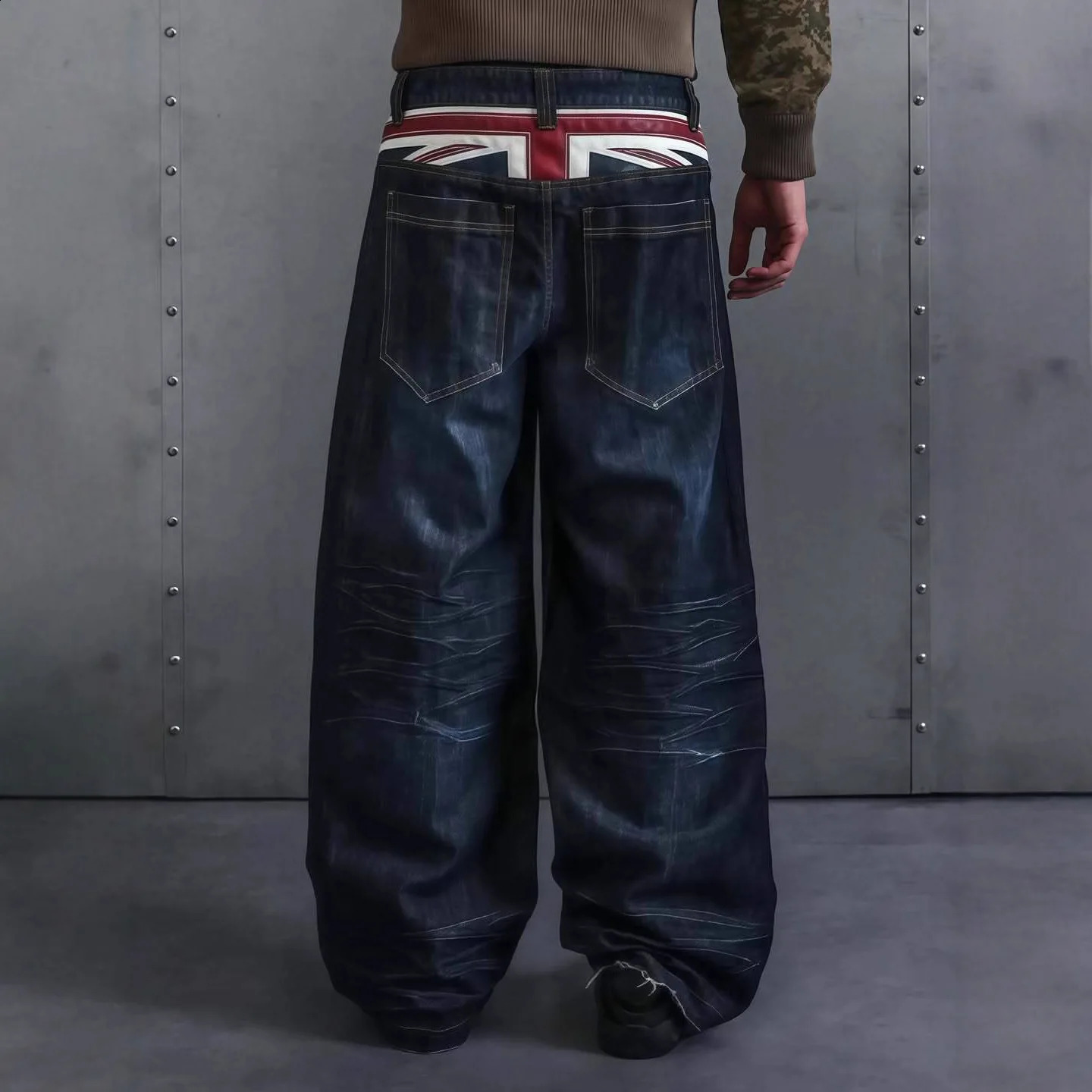 Men and Women High Waisted Washed Baggy Denim Pants Union Jack Vintage Wrinkle Wide Leg Jeans Streetwear Casual Dressing Up 2026 260916