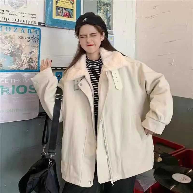 Winter Artificial Rabbit Warm Puffer Jacket Women Korean Loose Long Sleeve Lapel Parka Coats Solid Chic Plush All Match Outwear H260917