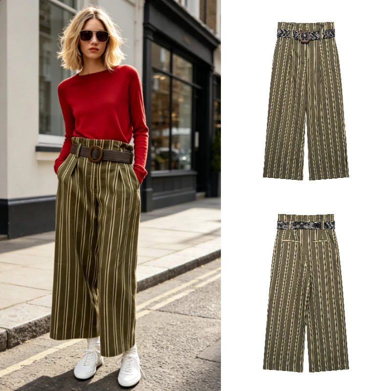 Womens Pants 2026 Fall European and American Style HighWaist WideLeg Striped DoubleButton Casual Elegant Long 260917