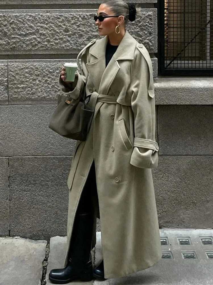 Turn-Down Overcoats Women's Collar Woolen Pockets Jackets Double-Breasted Straight Long Coat Autumn Fashion Loose Casual Clothes D2609091